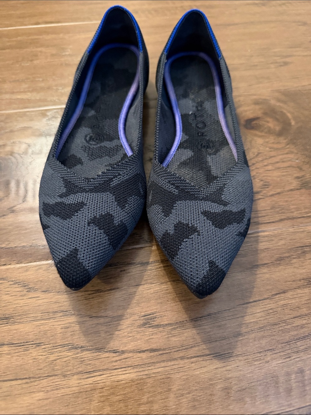 Rothy's Pointed Knit Flats in Black and Gray Camo 8